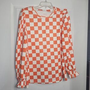 Top Trendy Orange Checkerboard Plaid Round Neck Casual Fall preown